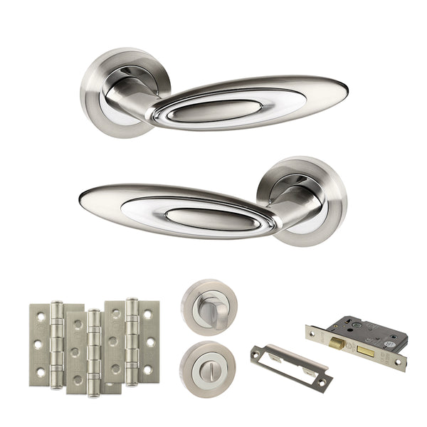 Senza Pari Elisse Door Handle Pack (Bathroom Set - 2.5" CE Bathroom Lock, 3" Fire Rated Hinges x3) - Satin Nickel/Chrome Plate - ADPSPM222SNCP8 - Choice Handles