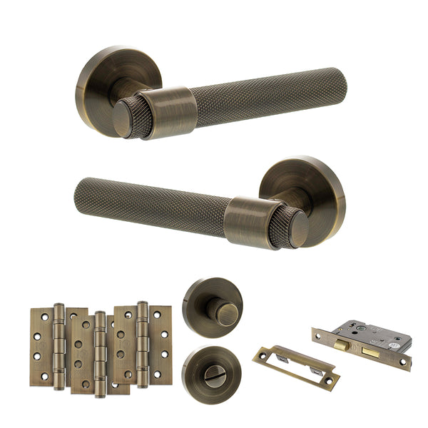 Senza Pari Andretta Door Handle Pack (Bathroom Set - 3" CE Bathroom Lock, 4" Fire Rated Hinges x3) - Antique Brass - ADPSPR160AB11 - Choice Handles