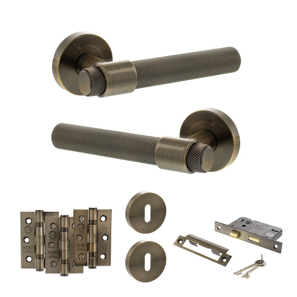 Senza Pari Andretta Door Handle Pack (3 Lever Lock Set - 3" CE Sashlock, 3" Fire Rated Hinges x3) - Antique Brass - ADPSPR160AB15 - Choice Handles