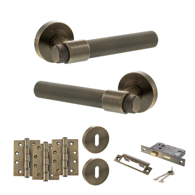 Senza Pari Andretta Door Handle Pack (3 Lever Lock Set - 2.5" CE Sashlock, 4" Fire Rated Hinges x3) - Antique Brass - ADPSPR160AB16 - Choice Handles