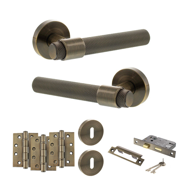 Senza Pari Andretta Door Handle Pack (3 Lever Lock Set - 3" CE Sashlock, 4" Fire Rated Hinges x3) - Antique Brass - ADPSPR160AB17 - Choice Handles