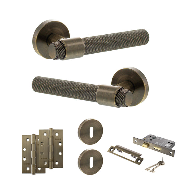 Senza Pari Andretta Door Handle Pack (3 Lever Lock Set - 2.5" CE Sashlock, 4" Slim Knuckle Hinges x2) - Antique Brass - ADPSPR160AB18 - Choice Handles