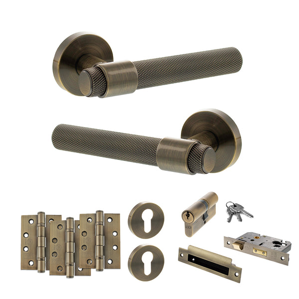 Senza Pari Andretta Door Handle Pack (Euro Lock Set - 2.5" CE Sashlock, 4" Fire Rated Hinges x3) - Antique Brass - ADPSPR160AB22 - Choice Handles