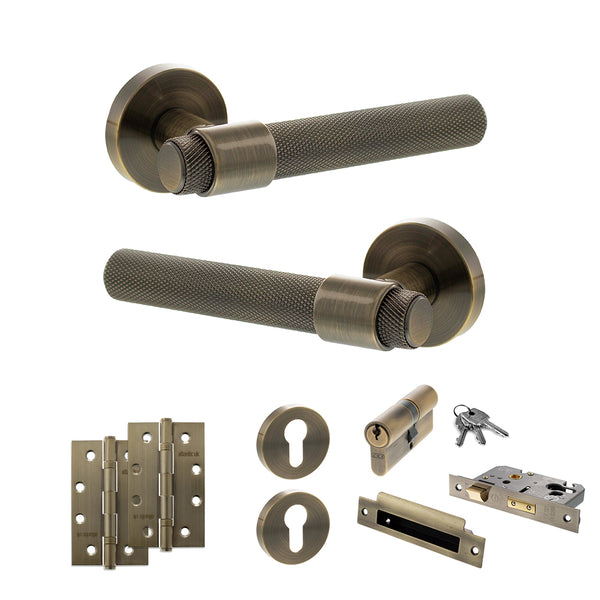 Senza Pari Andretta Door Handle Pack (Euro Lock Set - 3" CE Sashlock, 4" Slim Knuckle Hinges x2) - Antique Brass - ADPSPR160AB25 - Choice Handles