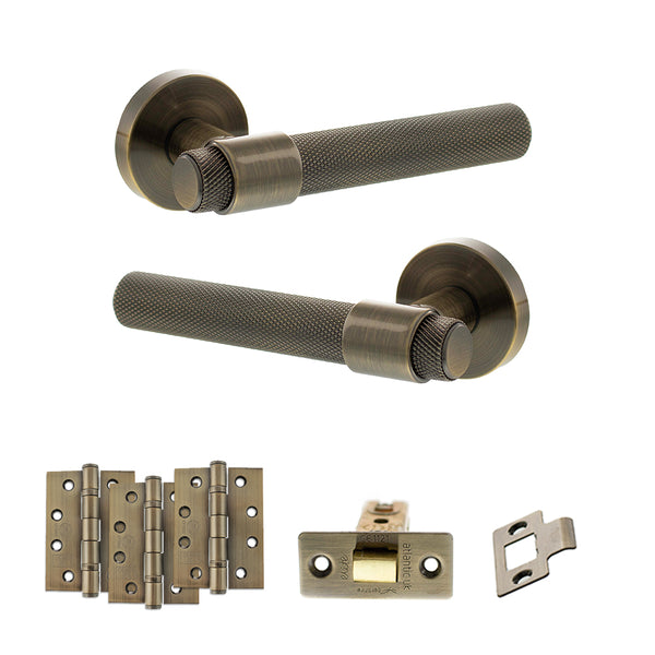 Senza Pari Andretta Door Handle Pack (Latch Set - 3" CE Latch, 4" Fire Rated Hinges x3) - Antique Brass - ADPSPR160AB4 - Choice Handles