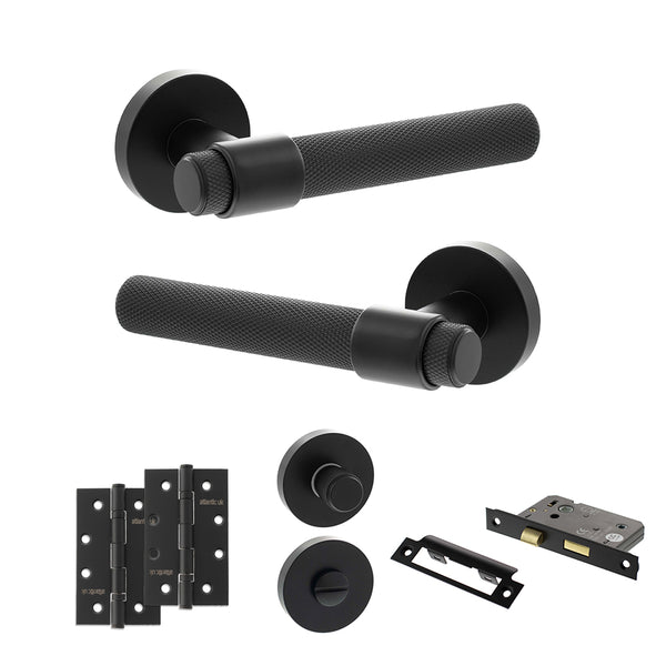 Senza Pari Andretta Door Handle Pack (Bathroom Set - 3" CE Bathroom Lock, 4" Slim Knuckle Hinges x2) - Matt Black - ADPSPR160MB13 - Choice Handles