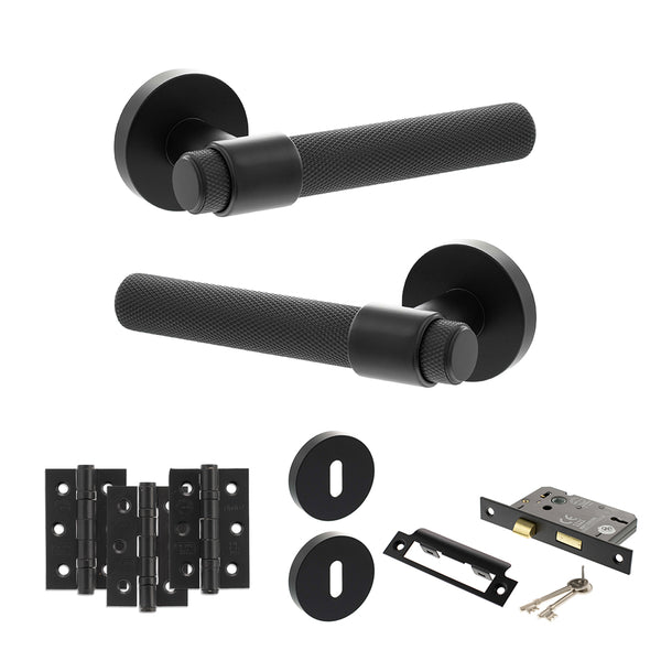 Senza Pari Andretta Door Handle Pack (3 Lever Lock Set - 2.5" CE Sashlock, 3" Fire Rated Hinges x3) - Matt Black - ADPSPR160MB14 - Choice Handles