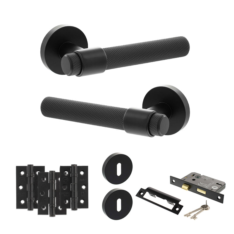 Senza Pari Andretta Door Handle Pack (3 Lever Lock Set - 2.5" CE Sashlock, 3" Fire Rated Hinges x3) - Matt Black - ADPSPR160MB14 - Choice Handles