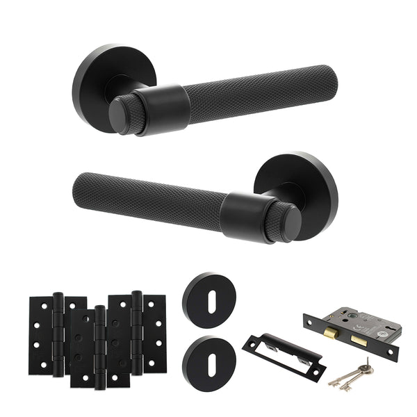 Senza Pari Andretta Door Handle Pack (3 Lever Lock Set - 2.5" CE Sashlock, 4" Fire Rated Hinges x3) - Matt Black - ADPSPR160MB16 - Choice Handles