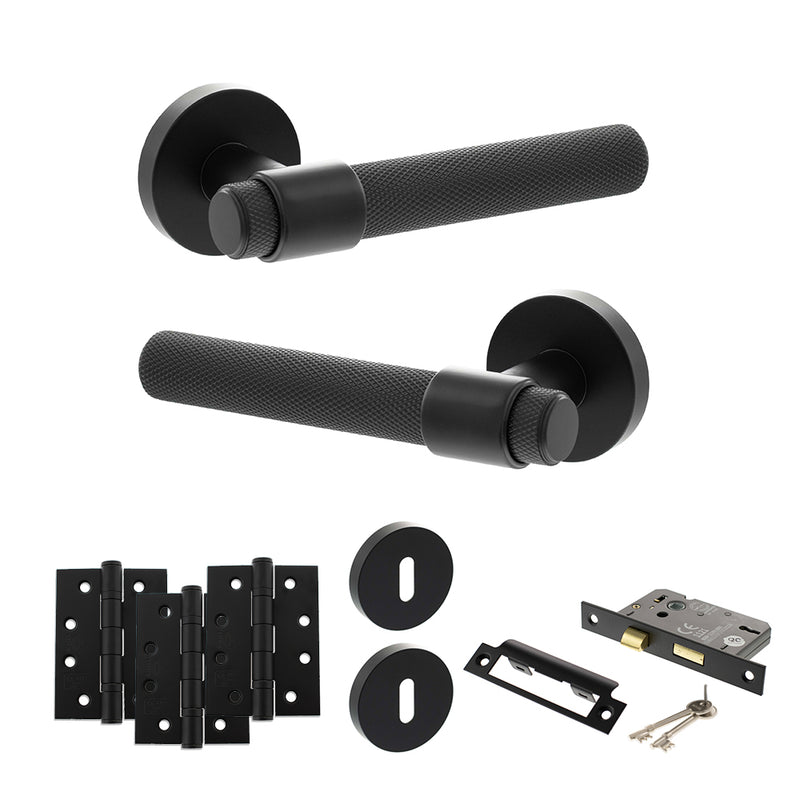 Senza Pari Andretta Door Handle Pack (3 Lever Lock Set - 3" CE Sashlock, 4" Fire Rated Hinges x3) - Matt Black - ADPSPR160MB17 - Choice Handles