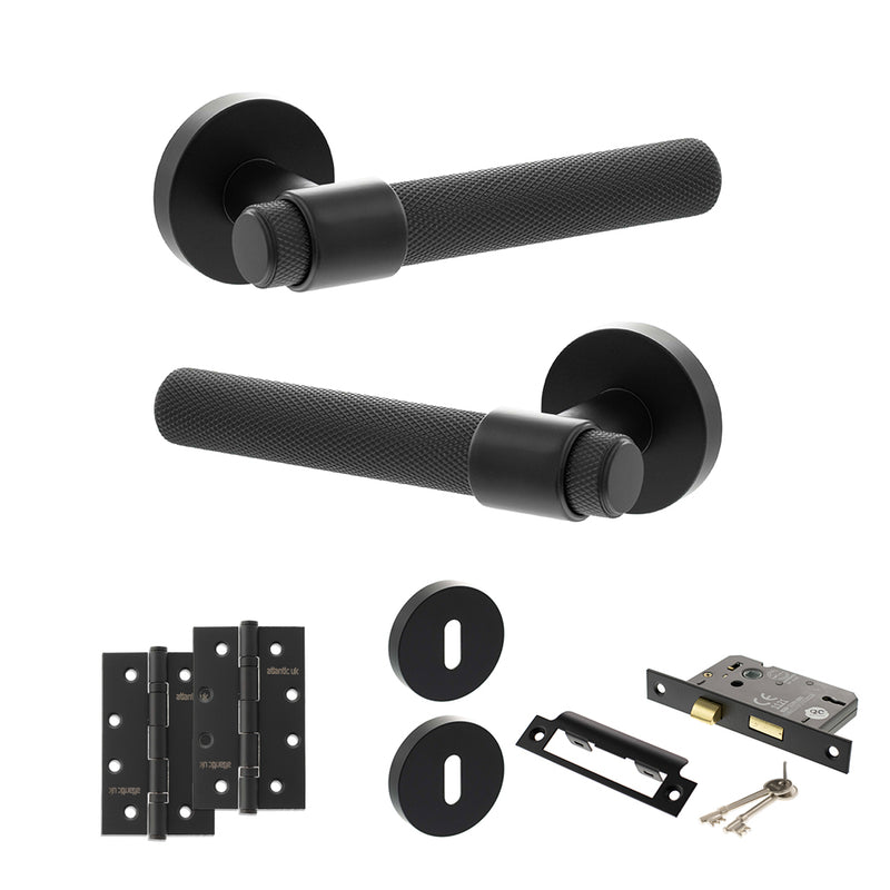 Senza Pari Andretta Door Handle Pack (3 Lever Lock Set - 2.5" CE Sashlock, 4" Slim Knuckle Hinges x2) - Matt Black - ADPSPR160MB18 - Choice Handles