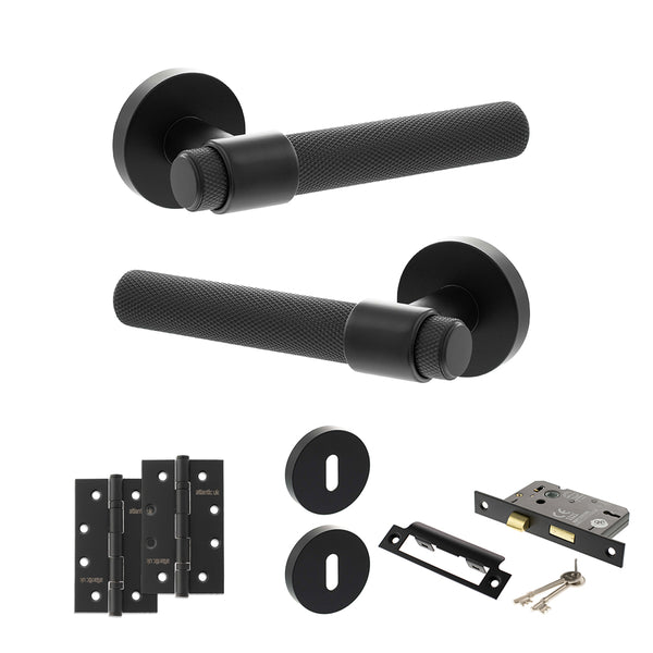 Senza Pari Andretta Door Handle Pack (3 Lever Lock Set - 3" CE Sashlock, 4" Slim Knuckle Hinges x2) - Matt Black - ADPSPR160MB19 - Choice Handles