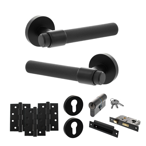 Senza Pari Andretta Door Handle Pack (Euro Lock Set - 2.5" CE Sashlock, 4" Fire Rated Hinges x3) - Matt Black - ADPSPR160MB22 - Choice Handles