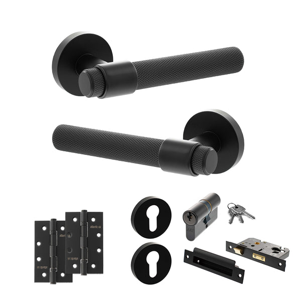 Senza Pari Andretta Door Handle Pack (Euro Lock Set - 3" CE Sashlock, 4" Slim Knuckle Hinges x2) - Matt Black - ADPSPR160MB25 - Choice Handles