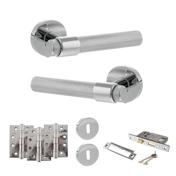 Senza Pari Andretta Door Handle Pack (3 Lever Lock Set - 3" CE Sashlock, 4" Fire Rated Hinges x3) - Polished Chrome - ADPSPR160PC17 - Choice Handles