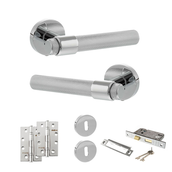 Senza Pari Andretta Door Handle Pack (3 Lever Lock Set - 3" CE Sashlock, 4" Slim Knuckle Hinges x2) - Polished Chrome - ADPSPR160PC19 - Choice Handles