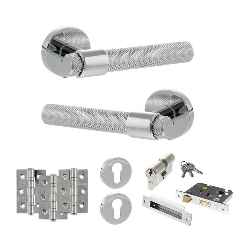 Senza Pari Andretta Door Handle Pack (Euro Lock Set - 2.5" CE Sashlock, 3" Fire Rated Hinges x3) - Polished Chrome - ADPSPR160PC20 - Choice Handles