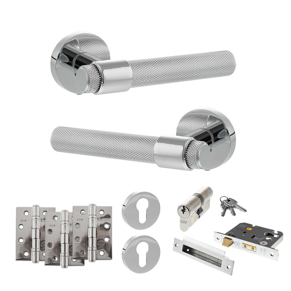 Senza Pari Andretta Door Handle Pack (Euro Lock Set - 3" CE Sashlock, 4" Fire Rated Hinges x3) - Polished Chrome - ADPSPR160PC23 - Choice Handles