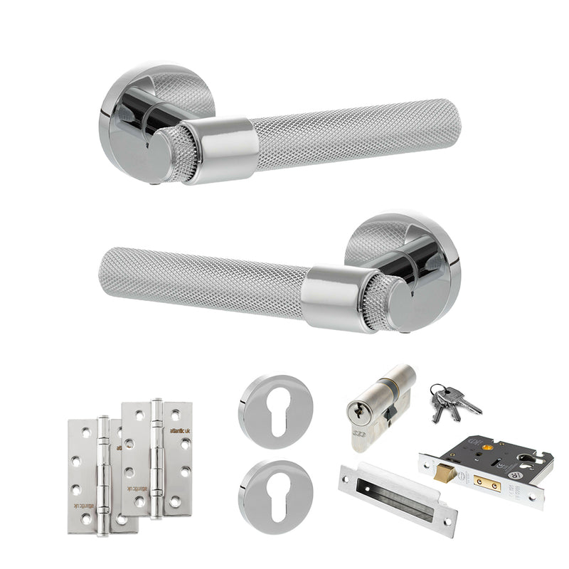 Senza Pari Andretta Door Handle Pack (Euro Lock Set - 2.5" CE Sashlock, 4" Slim Knuckle Hinges x2) - Polished Chrome - ADPSPR160PC24 - Choice Handles