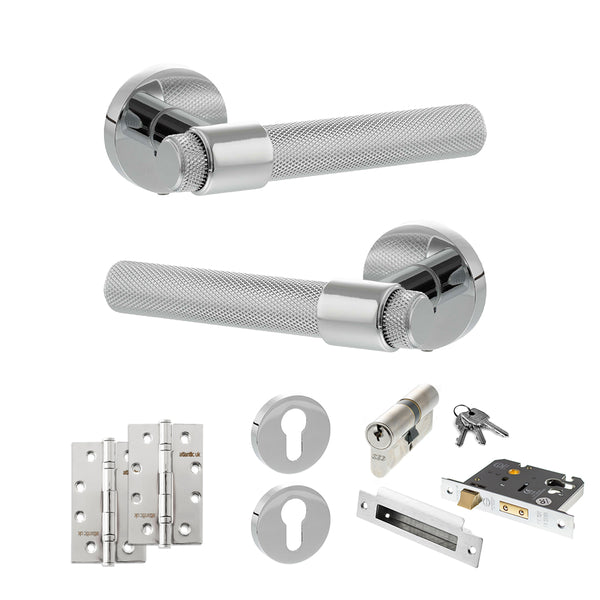 Senza Pari Andretta Door Handle Pack (Euro Lock Set - 3" CE Sashlock, 4" Slim Knuckle Hinges x2) - Polished Chrome - ADPSPR160PC25 - Choice Handles