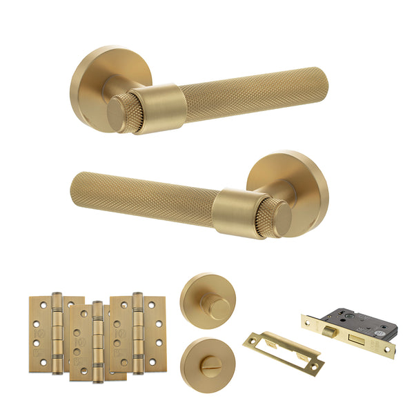 Senza Pari Andretta Door Handle Pack (Bathroom Set - 3" CE Bathroom Lock, 4" Fire Rated Hinges x3) - Satin Brass - ADPSPR160SB11