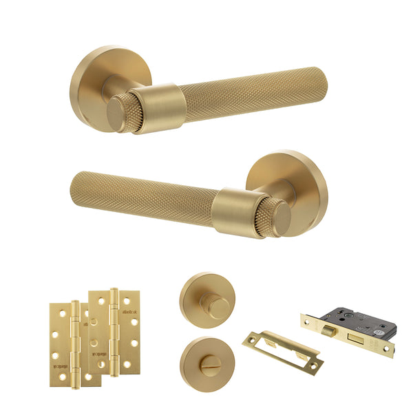 Senza Pari Andretta Door Handle Pack (Bathroom Set - 2.5" CE Bathroom Lock, 4" Slim Knuckle Hinges x2) - Satin Brass - ADPSPR160SB12 - Choice Handles