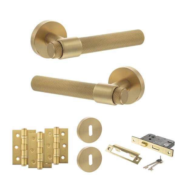Senza Pari Andretta Door Handle Pack (3 Lever Lock Set - 3" CE Sashlock, 3" Fire Rated Hinges x3) - Satin Brass - ADPSPR160SB15