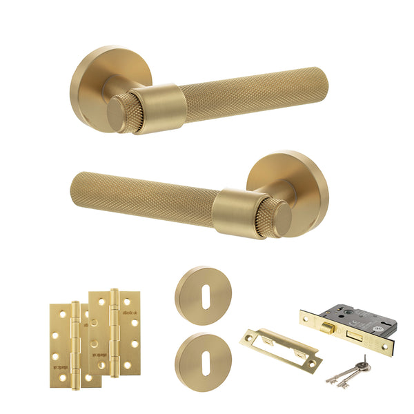 Senza Pari Andretta Door Handle Pack (3 Lever Lock Set - 2.5" CE Sashlock, 4" Slim Knuckle Hinges x2) - Satin Brass - ADPSPR160SB18 - Choice Handles