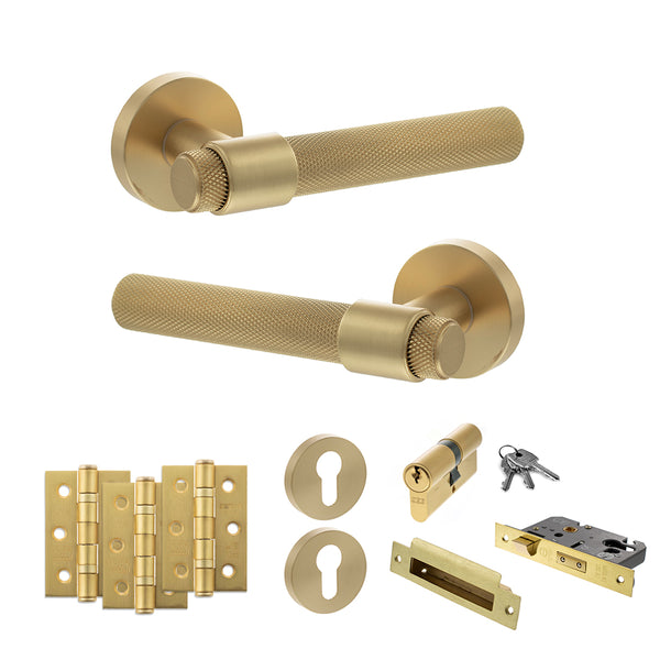 Senza Pari Andretta Door Handle Pack (Euro Lock Set - 2.5" CE Sashlock, 3" Fire Rated Hinges x3) - Satin Brass - ADPSPR160SB20 - Choice Handles