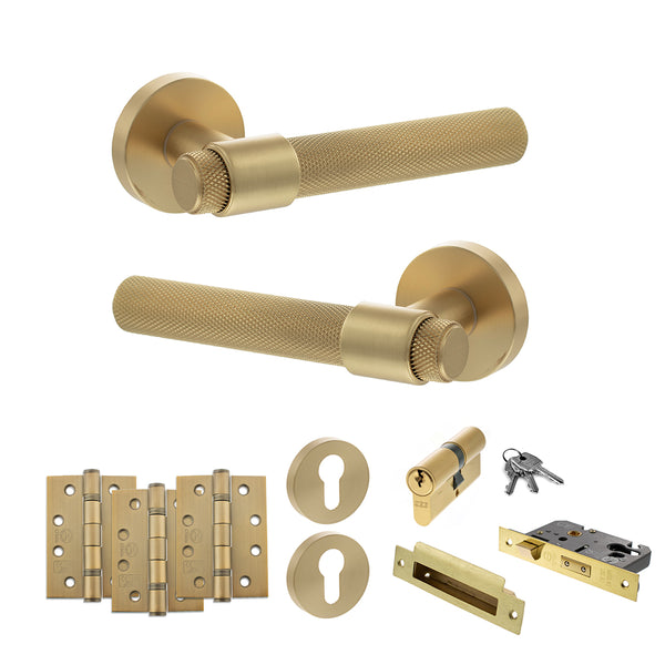 Senza Pari Andretta Door Handle Pack (Euro Lock Set - 3" CE Sashlock, 4" Fire Rated Hinges x3) - Satin Brass - ADPSPR160SB23 - Choice Handles