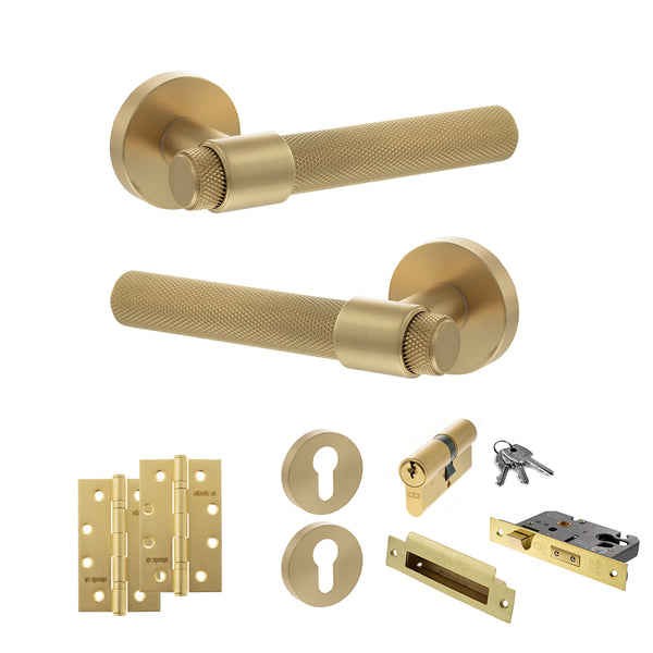 Senza Pari Andretta Door Handle Pack (Euro Lock Set - 2.5" CE Sashlock, 4" Slim Knuckle Hinges x2) - Satin Brass - ADPSPR160SB24 - Choice Handles