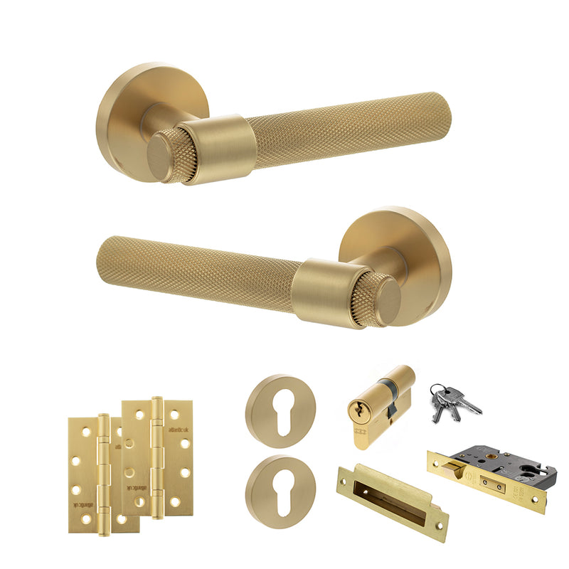 Senza Pari Andretta Door Handle Pack (Euro Lock Set - 2.5" CE Sashlock, 4" Slim Knuckle Hinges x2) - Satin Brass - ADPSPR160SB24 - Choice Handles
