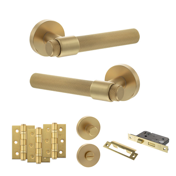 Senza Pari Andretta Door Handle Pack (Bathroom Set - 2.5" CE Bathroom Lock, 3" Fire Rated Hinges x3) - Satin Brass - ADPSPR160SB8 - Choice Handles