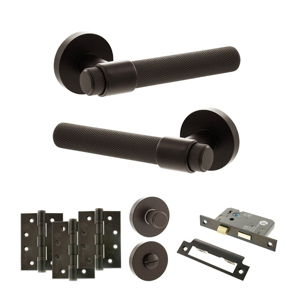 Senza Pari Andretta Door Handle Pack (Bathroom Set - 3" CE Bathroom Lock, 4" Fire Rated Hinges x3) - Urban Dark Bronze - ADPSPR160UDB11 - Choice Handles