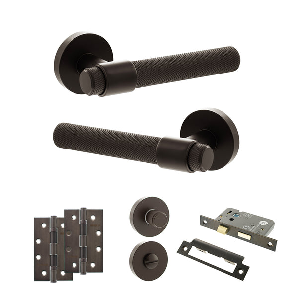 Senza Pari Andretta Door Handle Pack (Bathroom Set - 3" CE Bathroom Lock, 4" Slim Knuckle Hinges x2) - Urban Dark Bronze - ADPSPR160UDB13 - Choice Handles