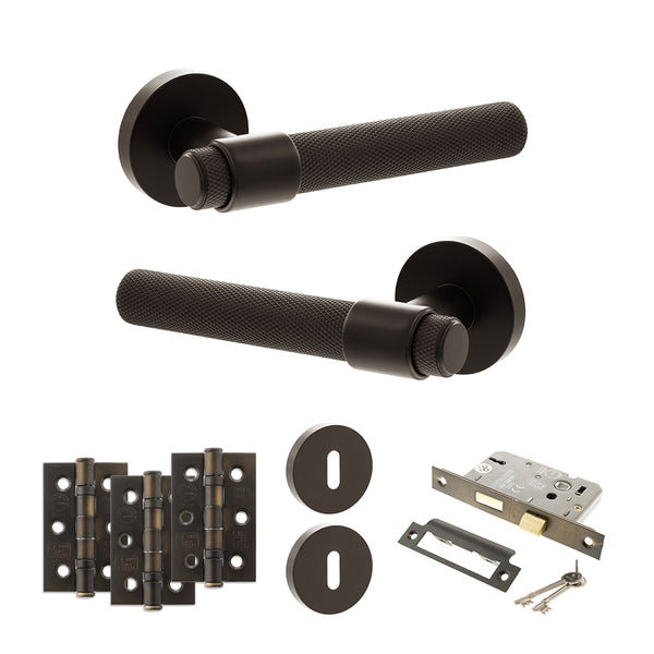 Senza Pari Andretta Door Handle Pack (3 Lever Lock Set - 2.5" CE Sashlock, 3" Fire Rated Hinges x3) - Urban Dark Bronze - ADPSPR160UDB14 - Choice Handles
