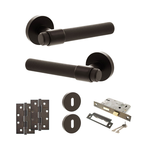 Senza Pari Andretta Door Handle Pack (3 Lever Lock Set - 2.5" CE Sashlock, 4" Slim Knuckle Hinges x2) - Urban Dark Bronze - ADPSPR160UDB18 - Choice Handles