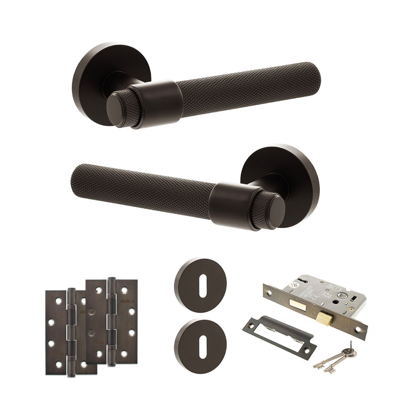 Senza Pari Andretta Door Handle Pack (3 Lever Lock Set - 2.5" CE Sashlock, 4" Slim Knuckle Hinges x2) - Urban Dark Bronze - ADPSPR160UDB18 - Choice Handles