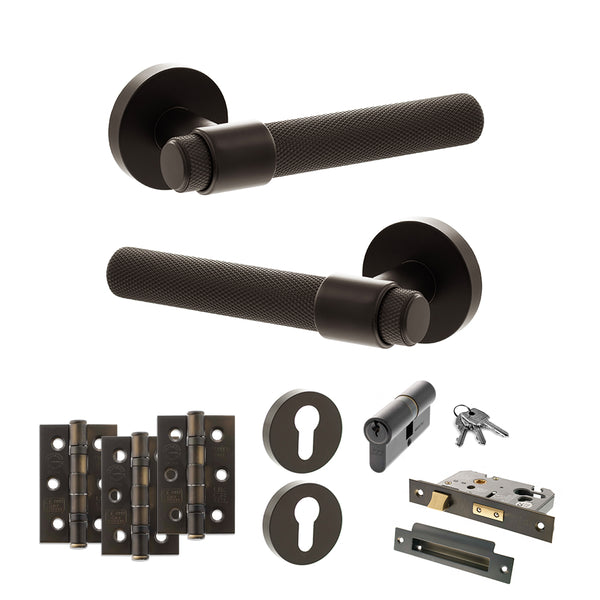 Senza Pari Andretta Door Handle Pack (Euro Lock Set - 2.5" CE Sashlock, 3" Fire Rated Hinges x3) - Urban Dark Bronze - ADPSPR160UDB20 - Choice Handles