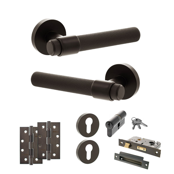 Senza Pari Andretta Door Handle Pack (Euro Lock Set - 2.5" CE Sashlock, 4" Slim Knuckle Hinges x2) - Urban Dark Bronze - ADPSPR160UDB24 - Choice Handles