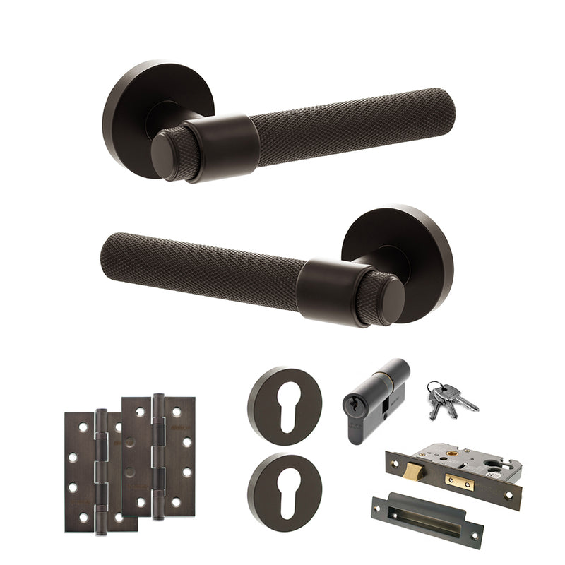 Senza Pari Andretta Door Handle Pack (Euro Lock Set - 3" CE Sashlock, 4" Slim Knuckle Hinges x2) - Urban Dark Bronze - ADPSPR160UDB25 - Choice Handles
