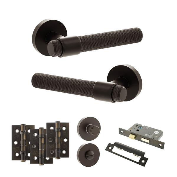 Senza Pari Andretta Door Handle Pack (Bathroom Set - 3" CE Bathroom Lock, 3" Fire Rated Hinges x3) - Urban Dark Bronze - ADPSPR160UDB9 - Choice Handles