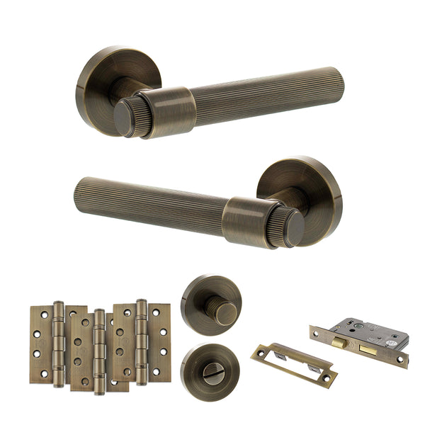 Senza Pari Fasana Door Handle Pack (Bathroom Set - 3" CE Bathroom Lock, 4" Fire Rated Hinges x3) - Antique Brass - ADPSPR165AB11 - Choice Handles