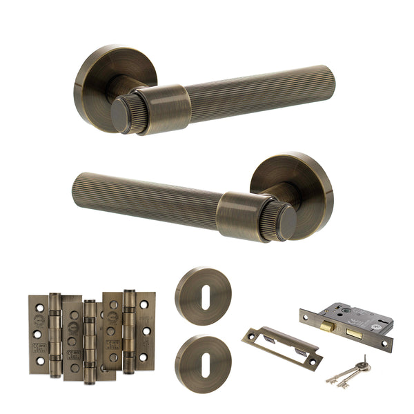 Senza Pari Fasana Door Handle Pack (3 Lever Lock Set - 3" CE Sashlock, 3" Fire Rated Hinges x3) - Antique Brass - ADPSPR165AB15 - Choice Handles
