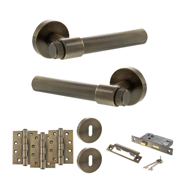 Senza Pari Fasana Door Handle Pack (3 Lever Lock Set - 2.5" CE Sashlock, 4" Fire Rated Hinges x3) - Antique Brass - ADPSPR165AB16 - Choice Handles