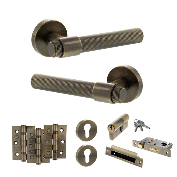 Senza Pari Fasana Door Handle Pack (Euro Lock Set - 2.5" CE Sashlock, 3" Fire Rated Hinges x3) - Antique Brass - ADPSPR165AB20 - Choice Handles