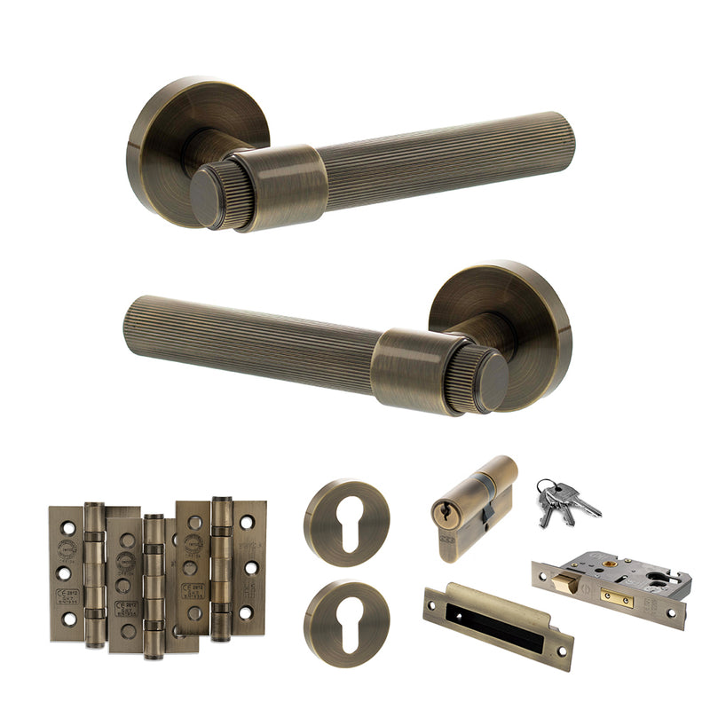 Senza Pari Fasana Door Handle Pack (Euro Lock Set - 2.5" CE Sashlock, 3" Fire Rated Hinges x3) - Antique Brass - ADPSPR165AB20 - Choice Handles