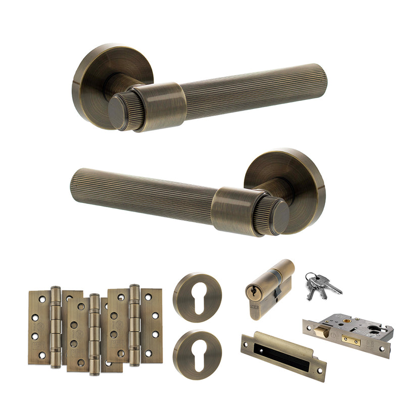 Senza Pari Fasana Door Handle Pack (Euro Lock Set - 2.5" CE Sashlock, 4" Fire Rated Hinges x3) - Antique Brass - ADPSPR165AB22 - Choice Handles