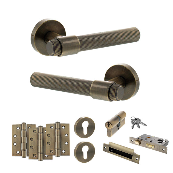 Senza Pari Fasana Door Handle Pack (Euro Lock Set - 3" CE Sashlock, 4" Fire Rated Hinges x3) - Antique Brass - ADPSPR165AB23 - Choice Handles