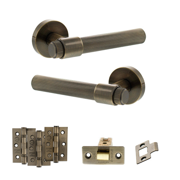 Senza Pari Fasana Door Handle Pack (Latch Set - 3" CE Latch, 3" Fire Rated Hinges x3) - Antique Brass - ADPSPR165AB2 - Choice Handles